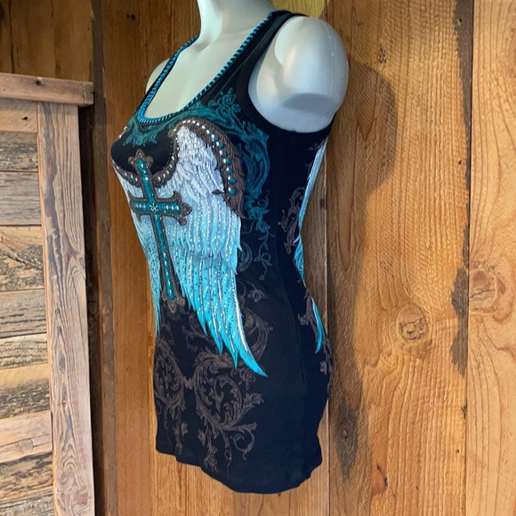 NWT VOCAL TANK top MOTO WINGS CROSS SM-3X black biker harley angel wings - Picture 3 of 7